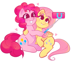 Size: 1689x1461 | Tagged: safe, artist:kk4tt0, fluttershy, pinkie pie, earth pony, pegasus, pony, g4, cute, diapinkes, duo, duo female, female, grin, heart, hug, lesbian, mare, selfie, selfie stick, ship:flutterpie, shipping, shyabetes, simple background, sitting, smiling, white background