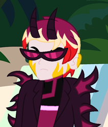 Size: 532x626 | Tagged: safe, artist:robertsonskywa1, oc, oc only, oc:starbreaker firewalker, demon, human, equestria girls, g4, beach, beach chair, chair, clothes, cropped, hazbin hotel, hellaverse, horns, male, photo, solo, spikes, sunglasses, the show must go on (hazbin hotel), trenchcoat, unamused, vitiligo