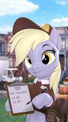 Size: 2160x3840 | Tagged: safe, artist:owlpirate, derpy hooves, pegasus, pony, g4, 3d, 4k, best pony, clipboard, cute, derpabetes, female, high res, hoof hold, looking at you, magnetic hooves, mare, pen, smiling, smiling at you, solo, source filmmaker