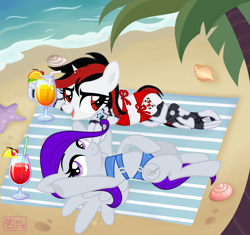 Size: 4848x4560 | Tagged: safe, alternate version, artist:ghostpikachu, derpibooru exclusive, oc, oc only, oc:blackjack, oc:morning glory (project horizons), pegasus, pony, unicorn, fallout equestria, fallout equestria: project horizons, g4, alcohol, amputee, base artist:mimicat, base used, beach, bikini, branded, clothes, cybernetic legs, dashite, dashite brand, drink, duo, duo female, fanfic art, female, female oc, horn, level 1 (project horizons), lying down, mare, mare oc, ocean, on back, palm tree, pegasus oc, prosthetic eye, prosthetic leg, prosthetic limb, prosthetics, small horn, spread wings, swimsuit, tree, unicorn oc, water, wings