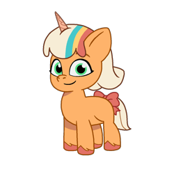 Size: 1200x1200 | Tagged: safe, artist:caseyben887, peach fizz, pony, unicorn, g5, my little pony: tell your tale, spoiler:g5, bow, female, filly, foal, horn, pippsqueaks, simple background, smiling, solo, tail, tail bow, transparent background