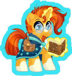 Size: 1280x1364 | Tagged: safe, artist:thehaywaiianhorse, sunburst, pony, unicorn, g4, bag, book, chibi, cloak, clothes, cute, deviantart watermark, facial hair, glasses, glowing, glowing horn, goatee, horn, magic, male, obtrusive watermark, saddle bag, smiling, solo, stallion, starry eyes, sunbetes, sunburst's cloak, sunburst's glasses, watermark, wingding eyes