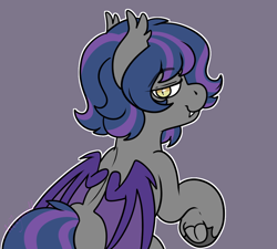 Size: 1226x1104 | Tagged: safe, artist:bluemoon, oc, oc only, oc:shadow bite, bat pony, pony, bat pony oc, bat wings, ear fluff, fangs, looking back, male, outline, raised leg, simple background, slit pupils, smiling, smirk, solo, stallion, tail, wings