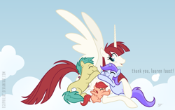 Size: 1337x837 | Tagged: safe, artist:egophiliac, oc, oc:fausticorn, alicorn, earth pony, pegasus, pony, unicorn, cloud, horn, hug, lauren faust, outdoors, ponified, signature, sky, url