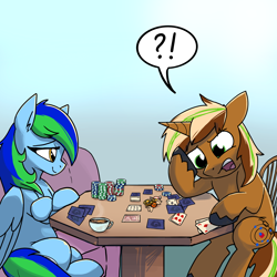 Size: 2048x2048 | Tagged: safe, artist:pfeffaroo, oc, oc only, oc:chiller sway, oc:seafoam wake, pegasus, unicorn, card game, female, gradient background, high res, horn, male, mare, playing card, sitting, stallion, table, unshorn fetlocks