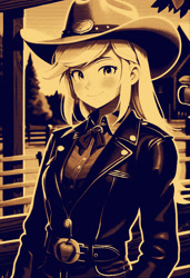 Size: 1040x1520 | Tagged: safe, ai assisted, ai content, applejack, human, equestria girls, g4, applejack's hat, belt, belt buckle, clothes, cowboy hat, cowgirl, denim, female, hat, jeans, looking at you, pants, smiling, smiling at you, solo, stetson