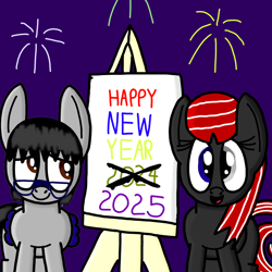 Size: 3000x3000 | Tagged: safe, artist:pegasus darkblue, oc, oc:artsylam, oc:darkblue, earth pony, pegasus, 2024, 2025, earth pony oc, glasses, happy new year, happy new year 2025, heterochromia, holiday, pegasus oc