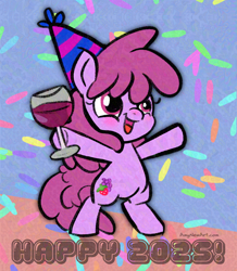 Size: 2320x2658 | Tagged: safe, artist:amynewblue, berry punch, berryshine, earth pony, pony, g4, my little pony: friendship is magic, 2025, adversarial noise, alcohol, bipedal, blushing, confetti, drink, drinking, glass, happy new year, hat, holiday, hoof hold, party hat, wine, wine glass