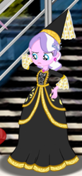 Size: 313x677 | Tagged: safe, artist:ponymaan, diamond tiara, human, equestria girls, g4, clothes, dress, dressup, gown, hat, hennin, jewelry, long sleeves, necklace, princess, princess costume, princess dress, stairs