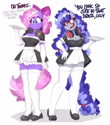 Size: 3500x3973 | Tagged: safe, artist:flutterthrash, oc, oc only, oc:cinnabyte, oc:lillybit, earth pony, anthro, bow, breasts, cleavage, clothes, commission, dialogue, duo, duo female, female, glasses, gloves, hair bow, headphones, headphones around neck, long gloves, maid, mare, serving tray, simple background, stockings, thigh highs, white background