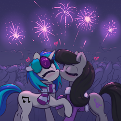 Size: 3000x3000 | Tagged: safe, artist:t72b, dj pon-3, octavia melody, vinyl scratch, earth pony, pony, unicorn, g4, blushing, clothes, earmuffs, eyes closed, female, fireworks, happy new year, holiday, horn, jacket, kissing, lesbian, mare, night, scarf, ship:scratchtavia, shipping, striped scarf, sunglasses