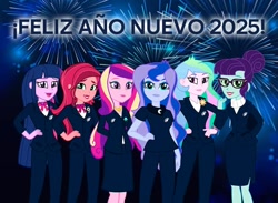 Size: 720x526 | Tagged: source needed, safe, dean cadance, gloriosa daisy, princess cadance, princess celestia, princess luna, principal celestia, rosette nebula, twilight sparkle, vice principal luna, human, equestria girls, g4, 2025, clothes, female, happy new year, holiday, older, older twilight, spanish