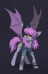 Size: 2000x3065 | Tagged: safe, artist:koviry, oc, oc only, oc:scheadar, bat pony, pony, ahoge, bat pony oc, bracelet, clothes, colored wings, commission, cutiemarking, denim, denim jacket, ear fluff, ear piercing, ear tufts, earring, eye clipping through hair, eyelashes, female, female oc, gray coat, high res, jacket, jewelry, mare oc, narrowed eyes, piercing, purple mane, purple tail, rolled up sleeves, shiny mane, shiny tail, slit pupils, smiling, solo, spread wings, tail, tattoo, three quarter view, two toned wings, wings, yellow eyes