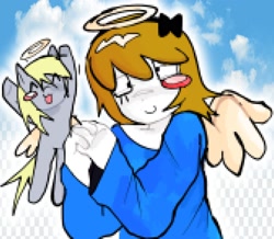 Size: 1854x1619 | Tagged: safe, artist:poniesinmyhead, derpy hooves, angel, human, g4, blush sticker, blushing, clothes, derpina, duo, duo female, eyes closed, female, halo, open mouth, open smile, shirt, sky, smiling, wings