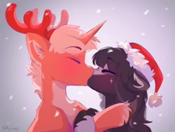 Size: 1280x966 | Tagged: safe, artist:shpoof, oc, oc only, oc:flame, oc:velvet, earth pony, unicorn, christmas, cute, female, holiday, horn, kiss on the lips, kissing, male