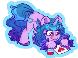 Size: 2092x1576 | Tagged: safe, artist:thehaywaiianhorse, izzy moonbow, pony, unicorn, g5, :p, chibi, crayon, cute, drawing, female, glitter, heart, horn, izzybetes, looking at something, mare, partially transparent background, smiling, solo, starry eyes, tongue out, unshorn fetlocks, wingding eyes