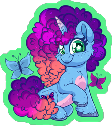 Size: 1689x1900 | Tagged: safe, artist:thehaywaiianhorse, misty brightdawn, butterfly, pony, unicorn, g5, cheek fluff, chibi, female, horn, looking at you, mare, partially transparent background, rebirth misty, smiling, smiling at you, solo, starry eyes, unshorn fetlocks, wingding eyes