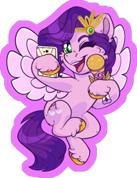 Size: 1587x2065 | Tagged: safe, artist:thehaywaiianhorse, pipp petals, pegasus, pony, g5, adorapipp, cellphone, cheek fluff, chibi, cute, diadem, female, happy, headband, jewelry, mare, microphone, one eye closed, open mouth, open smile, partially transparent background, phone, pipp's phone, regalia, selfie, smartphone, smiling, solo, spread wings, starry eyes, unshorn fetlocks, wingding eyes, wings, wink