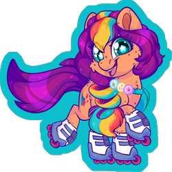 Size: 2042x2032 | Tagged: safe, artist:thehaywaiianhorse, sunny starscout, earth pony, pony, g5, cheek fluff, chibi, female, looking at you, mane stripe sunny, mare, open mouth, open smile, partially transparent background, roller skates, skates, smiling, smiling at you, solo, starry eyes, wingding eyes