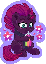 Size: 1336x1879 | Tagged: safe, artist:thehaywaiianhorse, fizzlepop berrytwist, tempest shadow, pony, unicorn, g4, broken horn, cheek fluff, chibi, clothes, drink, drinking, drinking straw, female, horn, mare, partially transparent background, scarf, sitting, smoothie, solo, starry eyes, wingding eyes