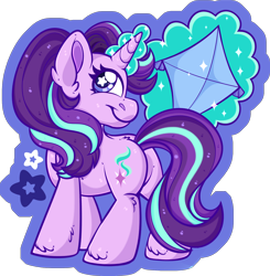 Size: 2080x2126 | Tagged: safe, artist:thehaywaiianhorse, starlight glimmer, pony, unicorn, g4, backwards cutie mark, butt, chibi, featureless crotch, female, glowing, glowing horn, horn, kite, levitation, looking at you, looking back, looking back at you, magic, magic aura, mare, partially transparent background, plot, smiling, smiling at you, solo, sparkles, starry eyes, telekinesis, wingding eyes