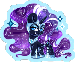 Size: 1888x1582 | Tagged: safe, artist:thehaywaiianhorse, nightmare rarity, pony, unicorn, g4, chibi, female, horn, looking at you, mare, partially transparent background, smiling, smiling at you, solo, sparkles, starry eyes, wingding eyes