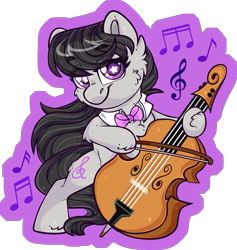 Size: 1779x1876 | Tagged: safe, artist:thehaywaiianhorse, octavia melody, earth pony, pony, g4, bow (instrument), bowtie, cello, cheek fluff, chibi, female, fluffy, looking at you, mare, music notes, musical instrument, octavia's bowtie, partially transparent background, smiling, smiling at you, solo, starry eyes, treble clef, wingding eyes