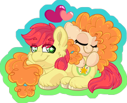 Size: 1896x1543 | Tagged: safe, artist:thehaywaiianhorse, bright mac, pear butter, earth pony, pony, g4, cheek fluff, duo, duo male and female, eyes closed, female, heart, lying down, male, mare, partially transparent background, prone, ship:brightbutter, shipping, smiling, stallion, starry eyes, straight, unshorn fetlocks, wingding eyes