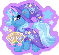 Size: 1653x1546 | Tagged: safe, artist:thehaywaiianhorse, trixie, pony, unicorn, g4, abstract background, cape, card, chibi, clothes, colored pinnae, cute, diatrixes, female, glowing, glowing horn, hat, horn, levitation, looking at you, magic, magic aura, mare, partially transparent background, simple background, smiling, smiling at you, solo, starry eyes, telekinesis, transparent background, trixie's cape, trixie's hat, walking, wingding eyes