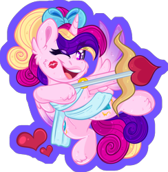 Size: 1860x1904 | Tagged: safe, artist:thehaywaiianhorse, princess cadance, alicorn, pony, g4, bow, cupid's arrow, cute, cutedance, female, hair bow, heart, horn, kiss mark, lipstick, looking, looking at you, mare, one eye closed, one wing out, open mouth, open smile, partially transparent background, smiling, solo, starry eyes, wingding eyes, wings, wink