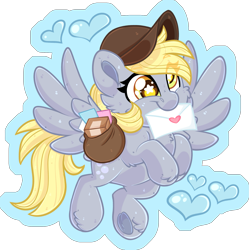 Size: 1865x1874 | Tagged: safe, artist:thehaywaiianhorse, derpy hooves, pegasus, pony, g4, chibi, derp, female, hat, letter, mailmare, mare, mouth hold, partially transparent background, smiling, solo, spread wings, starry eyes, underhoof, wingding eyes, wings