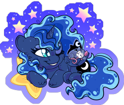 Size: 1969x1658 | Tagged: safe, artist:thehaywaiianhorse, princess luna, tiberius, alicorn, opossum, pony, g4, duo, female, folded wings, horn, looking at something, lying down, mare, one eye closed, partially transparent background, prone, smiling, starry eyes, wingding eyes, wings