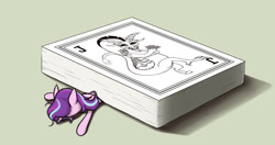 Size: 1380x730 | Tagged: safe, artist:zetamad, discord, starlight glimmer, pony, unicorn, g4, card, deck of cards, faceplant, horn, joker, playing card, solo, squashed, tiny, tiny ponies