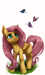 Size: 1200x2000 | Tagged: safe, artist:zetamad, fluttershy, butterfly, pegasus, pony, g4, atg 2023, cute, female, folded wings, looking at something, looking up, mare, newbie artist training grounds, shyabetes, simple background, solo, white background, wings