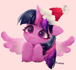 Size: 1100x1020 | Tagged: safe, artist:primrose_ilvuu, twilight sparkle, alicorn, pony, g4, christmas, cute, female, hat, holiday, horn, mare, santa hat, simple background, smiling, solo, spread wings, tongue out, twilight sparkle (alicorn), wings