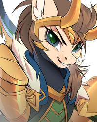 Size: 1500x1887 | Tagged: safe, artist:redchetgreen, oc, oc only, oc:dima, pegasus, pony, clothes, cosplay, costume, loki, marvel, smiling, solo