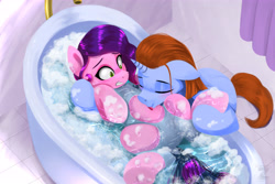 Size: 6000x4000 | Tagged: safe, artist:darksly, pipp petals, oc, oc:star crest, pegasus, pony, unicorn, g5, absurd resolution, bath, bathtub, belly, belly button, belly kisses, blushing, commission, duo, duo male and female, eyes closed, featureless crotch, female, fetish, floppy ears, frown, gritted teeth, horn, indoors, kissing, licking, male, mare, partially submerged, pinpoint eyes, stallion, teeth, tongue out, tummylingus