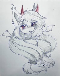 Size: 1015x1280 | Tagged: safe, artist:cottonaime, oc, oc only, oc:marshmallow bombshell, bat pony, pony, bat pony oc, bat wings, bust, choker, collar, ear fluff, ear piercing, earring, eyelashes, female, fluffy hair, fluffy mane, hair ribbon, jewelry, long eyelashes, long hair, looking at you, male, mare, piercing, pigtails, ponytail, portrait, ribbon, sketch, smiling, smiling at you, spread wings, striped hair, striped mane, striped tail, tail, traditional art, wings