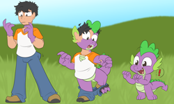 Size: 1500x900 | Tagged: safe, artist:detectivecoon, spike, dragon, human, g4, excited, human to dragon, male, outdoors, shrinking, transformation, transformation sequence