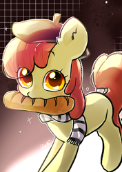 Size: 2480x3508 | Tagged: safe, artist:izuchi, apple bloom, earth pony, pony, g4, baguette, beret, bread, clothes, cute, food, gradient background, hat, looking at you, mouth hold, outline, sacrebloom, scarf, signature, solo, tail, tied tail, white outline