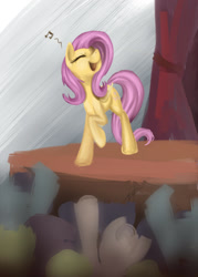 Size: 1000x1400 | Tagged: safe, artist:zetamad, fluttershy, pegasus, pony, g4, atg 2017, audience, eyes closed, female, folded wings, group, mare, music notes, newbie artist training grounds, open mouth, open smile, raised hoof, singing, smiling, solo focus, stage, wings