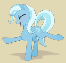 Size: 2408x2328 | Tagged: safe, artist:zetamad, trixie, pony, unicorn, g4, atg 2019, blushing, chest fluff, cute, dancing, diatrixes, eyes closed, female, happy, horn, mare, newbie artist training grounds, open mouth, open smile, profile, raised hoof, raised leg, simple background, smiling, solo, standing on two hooves, tan background