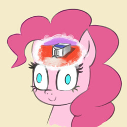 Size: 900x900 | Tagged: safe, artist:zetamad, pinkie pie, earth pony, pony, g4, blank stare, bust, crossover, derp, exploitable meme, female, meme, no pupils, portrait, simple background, solo, spilled milk, spongebob squarepants, the inner machinations of my mind are an enigma, the secret box, yellow background