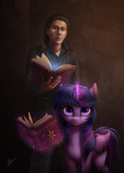 Size: 7200x10000 | Tagged: safe, artist:zetamad, twilight sparkle, alicorn, human, pony, g4, book, commission, duo, female, folded wings, glowing, glowing horn, horn, levitation, looking at you, magic, magic aura, mare, telekinesis, twilight sparkle (alicorn), wings