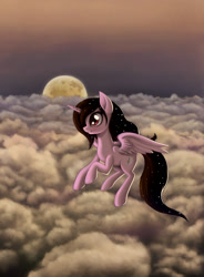 Size: 1800x2450 | Tagged: safe, artist:zetamad, oc, oc only, oc:moonlight sonata, alicorn, pony, alicorn oc, blushing, cloud, cloudy, ethereal mane, female, flying, full moon, horn, mare, moon, night, outdoors, sky, smiling, solo, starry mane, wings