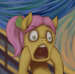 Size: 1520x1500 | Tagged: safe, artist:zetamad, posey bloom, earth pony, pony, g5, atg 2023, edvard munch, female, fine art parody, head in hooves, mare, newbie artist training grounds, open mouth, ponytail, posey can't catch a break, solo, the scream, uvula