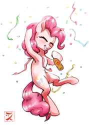 Size: 1440x2000 | Tagged: safe, artist:zetamad, pinkie pie, earth pony, pony, g4, apple cider, atg 2020, blushing, cider, confetti, digital edit, eyes closed, female, mare, newbie artist training grounds, solo, streamers, traditional art