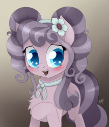 Size: 1200x1400 | Tagged: safe, artist:zetamad, petunia petals, earth pony, pony, g4, my little pony: friendship is magic, my little pony: rainbow roadtrip, atg 2019, blushing, chest fluff, cute, female, flower, flower in hair, freckles, gradient background, mare, newbie artist training grounds, open mouth, open smile, petalbetes, pigtails, smiling, solo