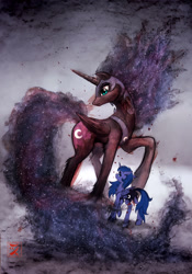 Size: 2100x3000 | Tagged: safe, artist:zetamad, nightmare moon, princess luna, alicorn, pony, g4, atg 2020, digital edit, ethereal mane, female, folded wings, helmet, hoof shoes, horn, mare, newbie artist training grounds, peytral, slit pupils, starry mane, traditional art, wings