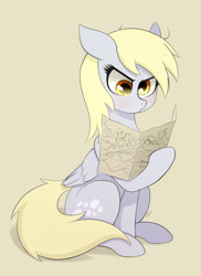 Size: 1884x2592 | Tagged: safe, artist:zetamad, derpy hooves, pegasus, pony, g4, atg 2019, blushing, derp, derpy being derpy, female, folded wings, map, mare, newbie artist training grounds, simple background, sitting, solo, tan background, wings